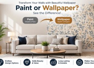 Modern living room showcasing professional wallpaper installation in Sacramento, CA, comparing wallpaper and paint for stylish home interior design.