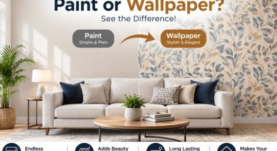 Modern living room showcasing professional wallpaper installation in Sacramento, CA, comparing wallpaper and paint for stylish home interior design.