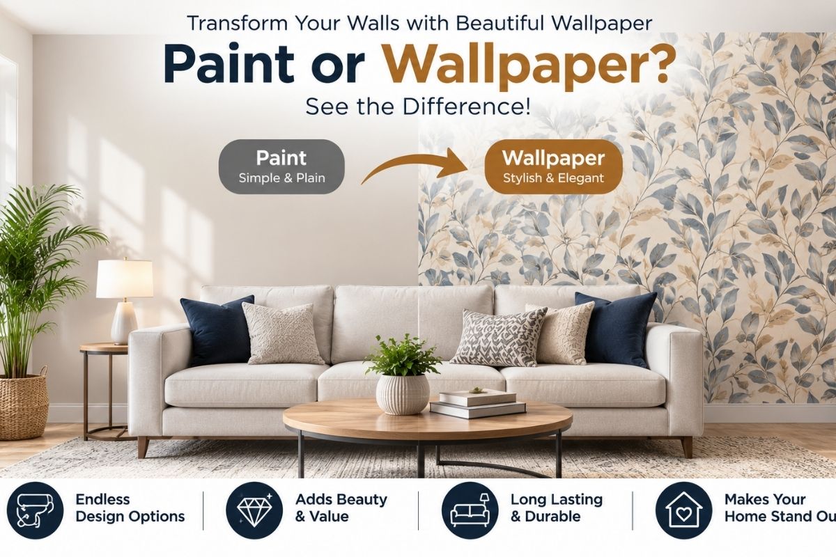 Modern living room showcasing professional wallpaper installation in Sacramento, CA, comparing wallpaper and paint for stylish home interior design.